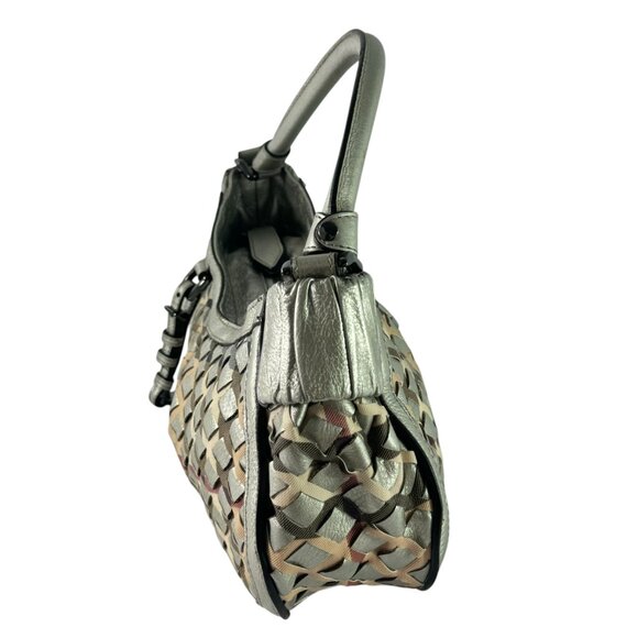 BURBERRY Silver Woven Leather and Nova Check Canvas Shoulder Bag Made in Italy - Picture 3 of 13